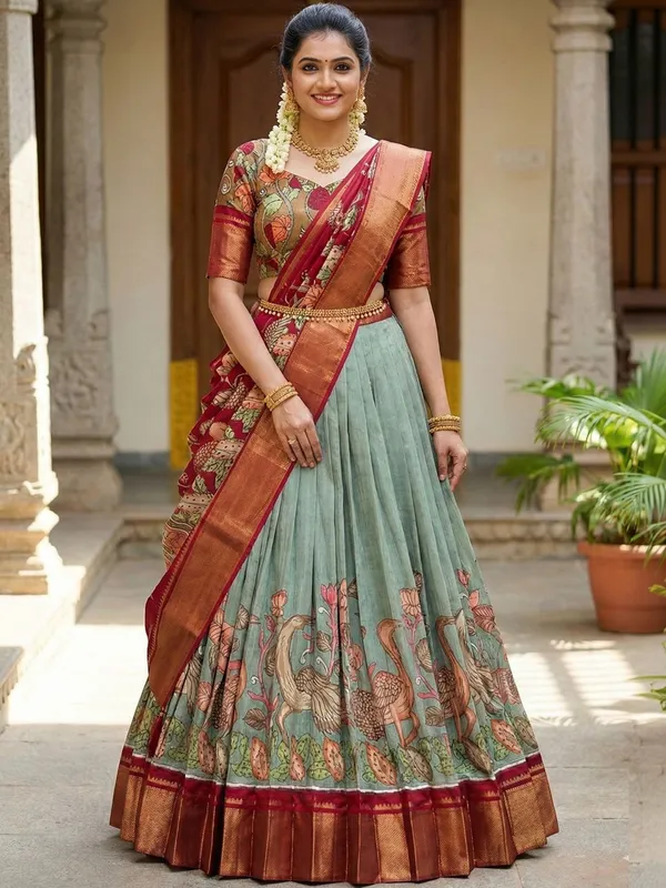 Green_Color_Dola_Silk_Designer_Kalamkari_Print_Lehenga_Choli