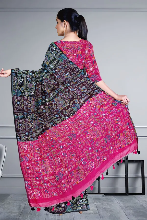 Black_Madhubani_Cotton_Silk_Printed_Saree