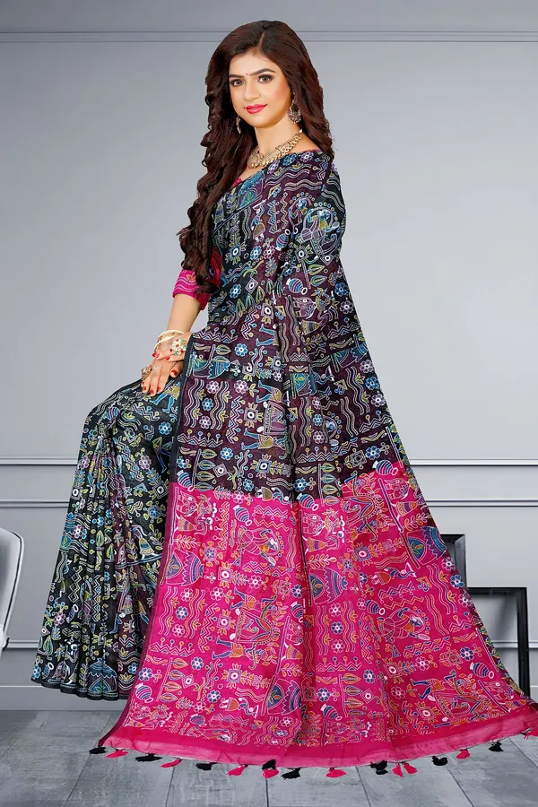Black_Madhubani_Cotton_Silk_Printed_Saree