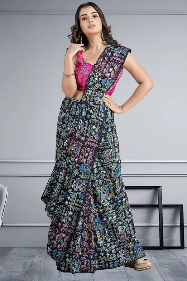 Black_Madhubani_Cotton_Silk_Printed_Saree