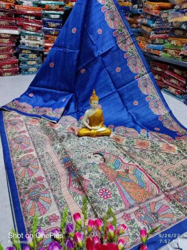 Blue_Madhubani_Cotton_Silk_Printed_Saree