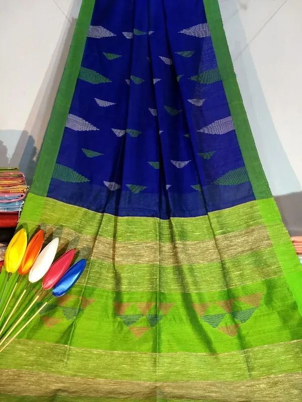 Green_And_Blue_Temple_Border_Cotton_Silk_Handloom_Saree