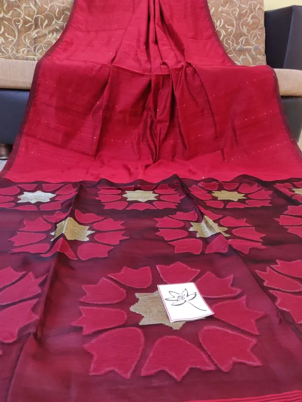 Red_Sequin_Work_Cotton_Silk_Handloom_Saree