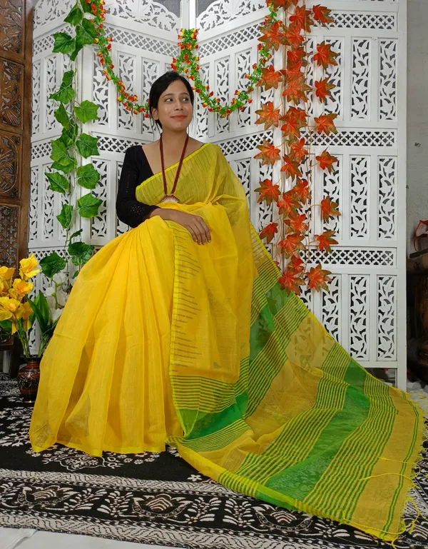 Yellow_Cotton_Silk_Weaving_Work_Handloom_Saree