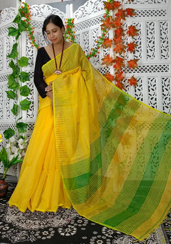 Yellow_Cotton_Silk_Weaving_Work_Handloom_Saree