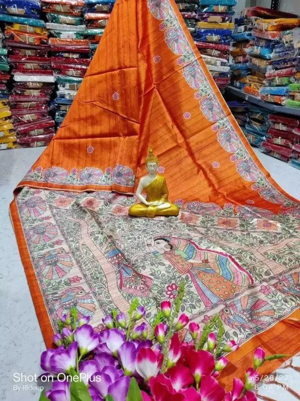 Orange_Madhubani_Cotton_Silk_Printed_Saree