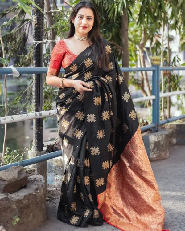 Confounding_Black_Soft_Banarasi_Silk_Saree_With_Snappy_Blouse_Piece
