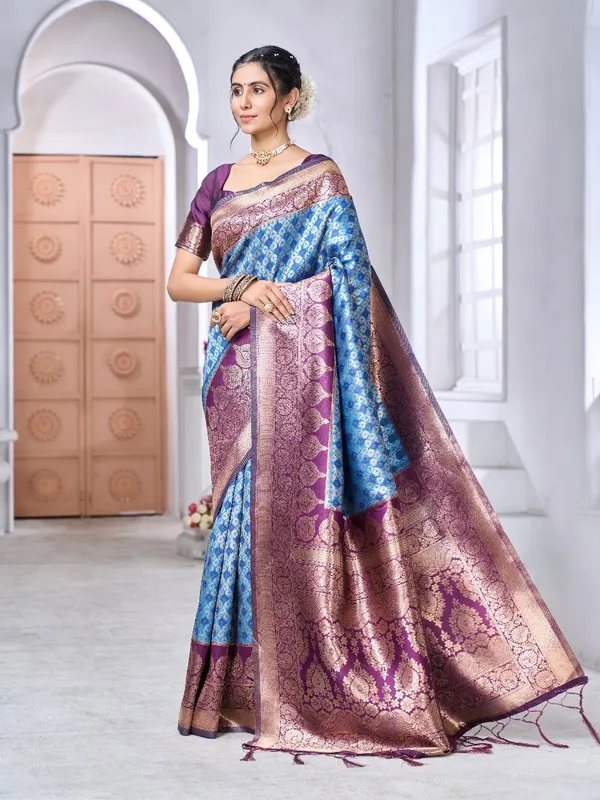 Denouement_Blue_Soft_Banarasi_Silk_Saree_With_Redolent_Blouse_Piece