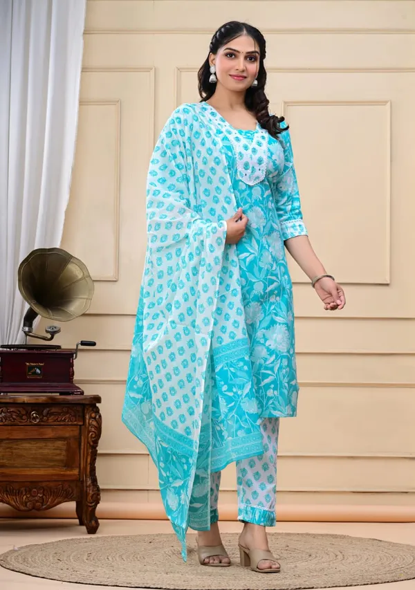 Pure_Printed_Cotton_Turquoise_Kurti_Set_for_summer