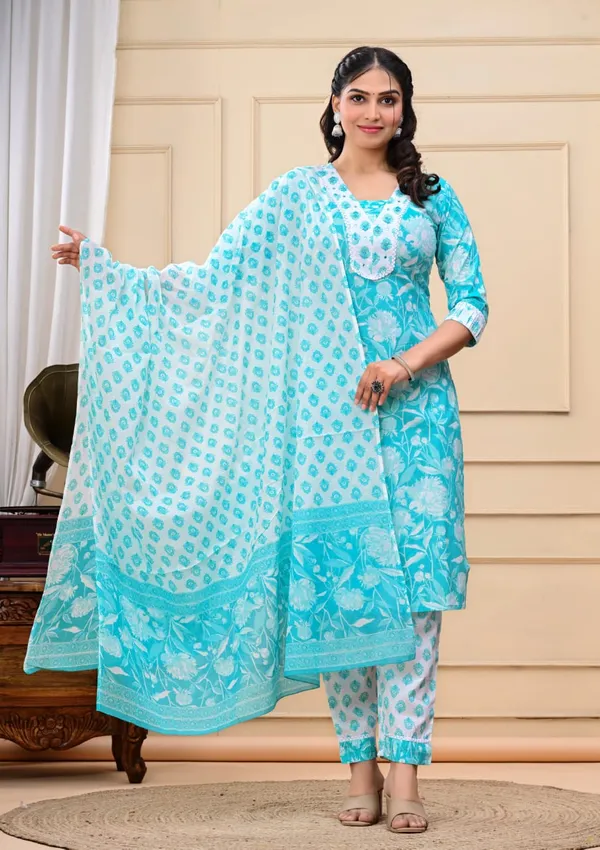 Pure_Printed_Cotton_Turquoise_Kurti_Set_for_summer