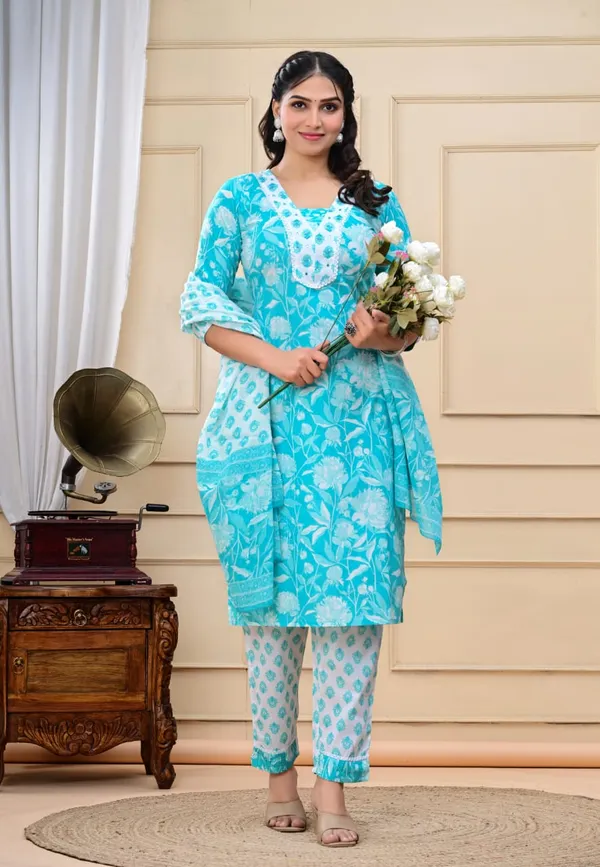 Pure_Printed_Cotton_Turquoise_Kurti_Set_for_summer