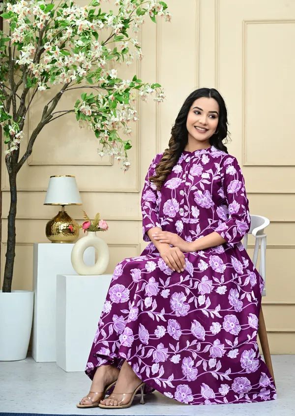 Stylish_Flared_Kurti_with_All-Over_Print,_Soft_Cotton_Fabric,_Comfortable_Fit_for_Casual,_Office,_and_Festive_Wear