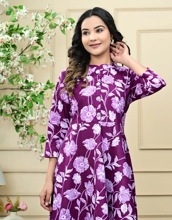 Stylish_Flared_Kurti_with_All-Over_Print,_Soft_Cotton_Fabric,_Comfortable_Fit_for_Casual,_Office,_and_Festive_Wear
