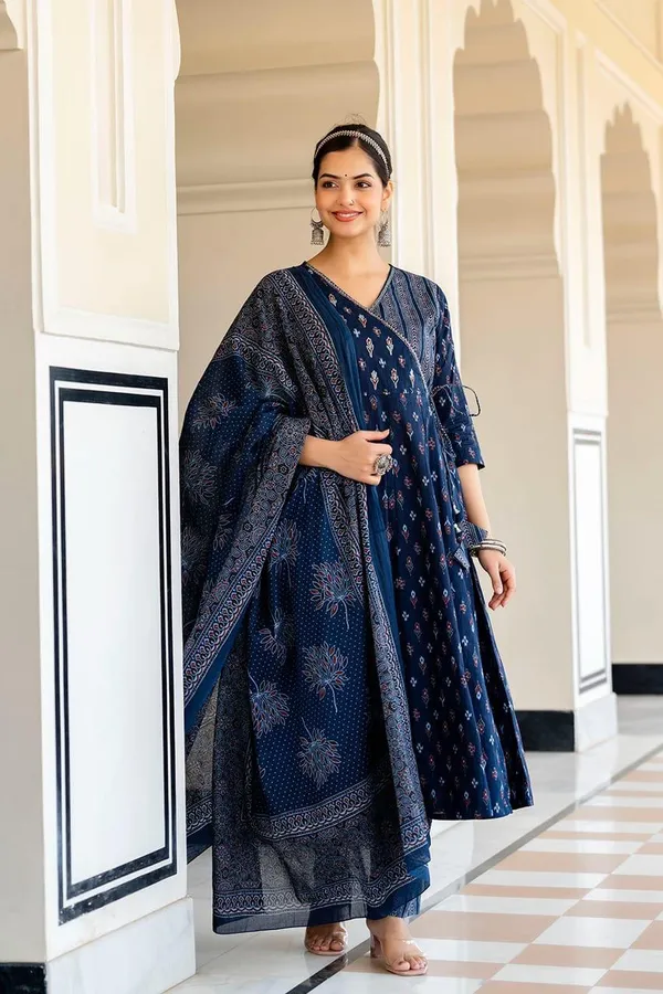 Teal_Blue_Cotton_Anagrakha_Kurti_Set_with_Zari_Work_&_Malmal_Dupatta_-_Ethnic_Wear_for_Women