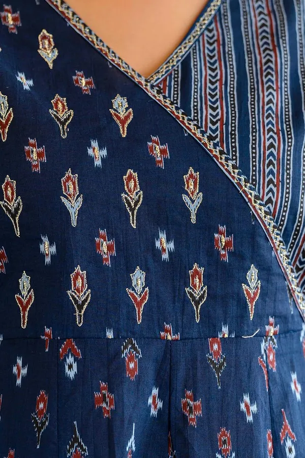 Teal_Blue_Cotton_Anagrakha_Kurti_Set_with_Zari_Work_&_Malmal_Dupatta_-_Ethnic_Wear_for_Women