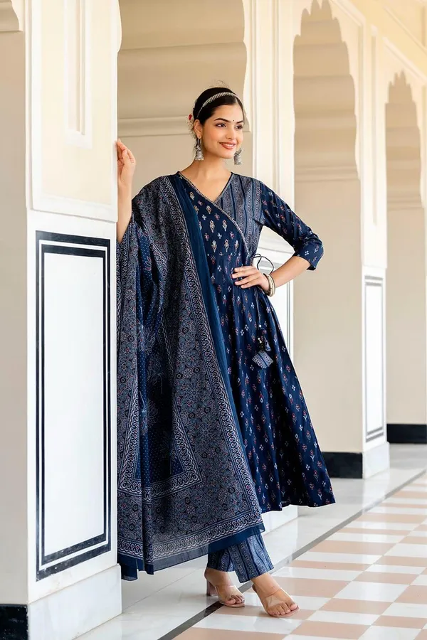 Teal_Blue_Cotton_Anagrakha_Kurti_Set_with_Zari_Work_&_Malmal_Dupatta_-_Ethnic_Wear_for_Women