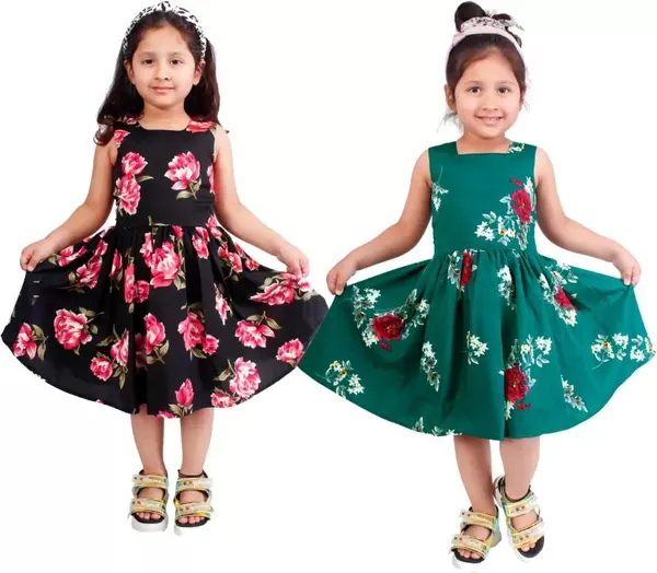 Black_And_Green_Crepe_Premium_Fit_And_Flare_Dress_For_Girls_(Pack_Of_2)