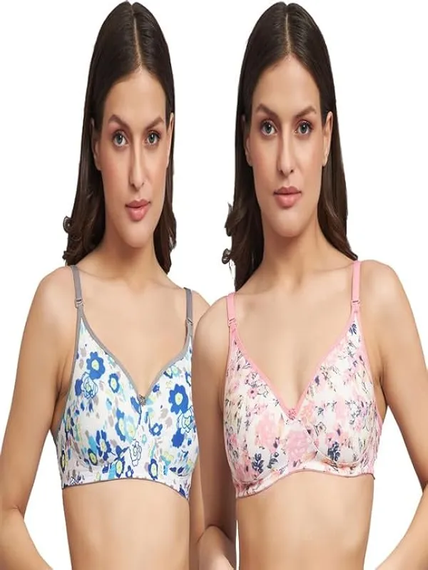 Klowila_Fashion_Women's_Cotton_Blend_Lightly_Padded_Non-Wired_Floral_Printed_T-Shirt_Bra_Combo_Pack_Of_2