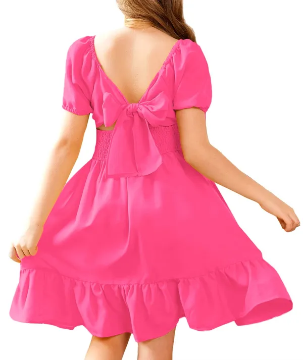 Klowvila_Fashion_Summer_Girls'_Elegant_Pleated_Hem_Short_Sleeved_Dress_Hand_Smocked_Polycrape_Casual_Solid_Color_Back_Tied_Sweet_Children