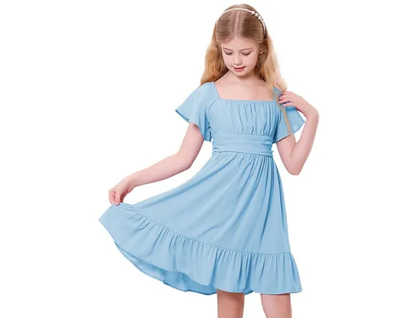 Klowvila_Fashion_Summer_Girls'_Elegant_Pleated_Hem_Short_Sleeved_Dress_Hand_Smocked_Polycrape_Casual_Solid_Color_Back_Tied_Sweet_Children