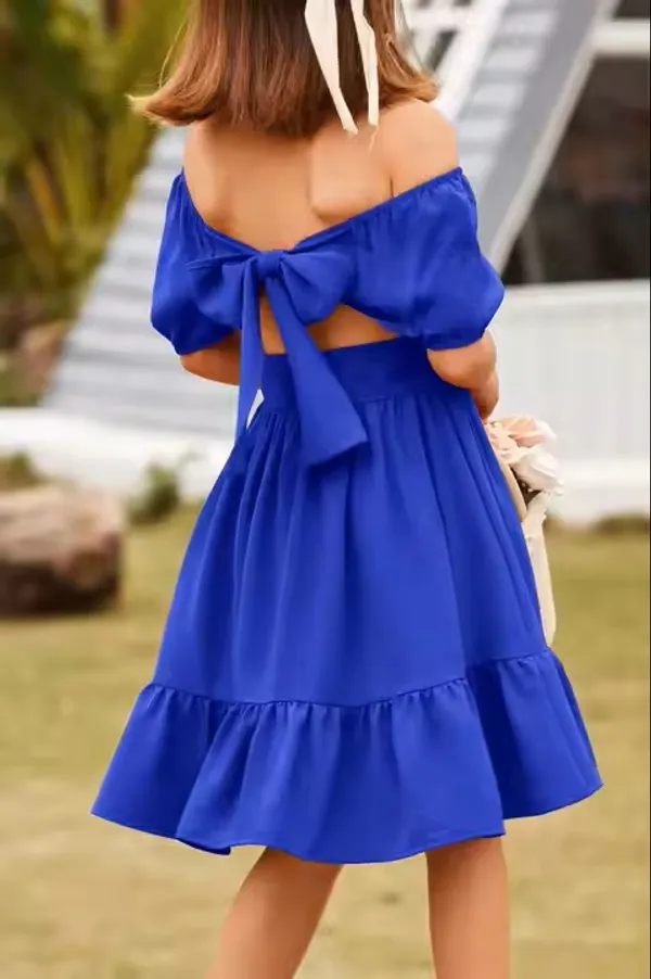 Klowvila_Fashion_Summer_Girls'_Elegant_Pleated_Hem_Short_Sleeved_Dress_Hand_Smocked_Polycrape_Casual_Solid_Color_Back_Tied_Sweet_Children