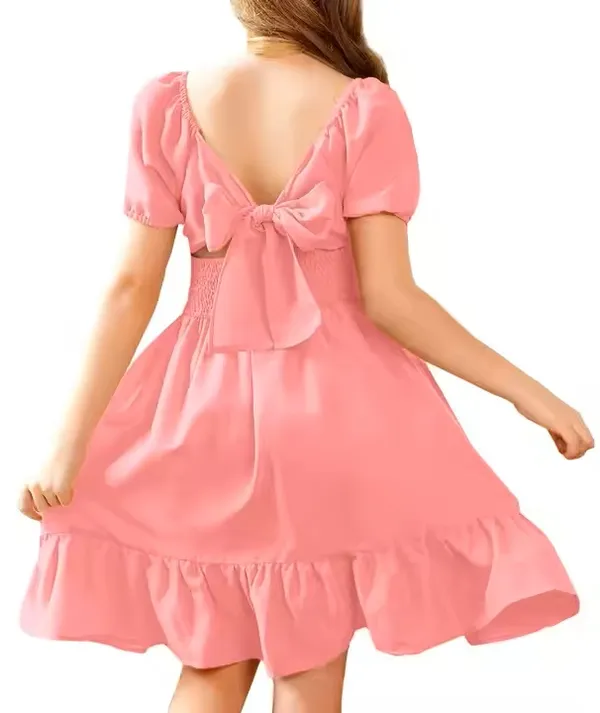 Klowvila_Fashion_Summer_Girls'_Elegant_Pleated_Hem_Short_Sleeved_Dress_Hand_Smocked_Polycrape_Casual_Solid_Color_Back_Tied_Sweet_Children