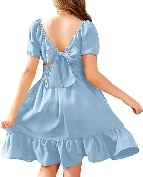 Klowvila_Fashion_Summer_Girls'_Elegant_Pleated_Hem_Short_Sleeved_Dress_Hand_Smocked_Polycrape_Casual_Solid_Color_Back_Tied_Sweet_Children