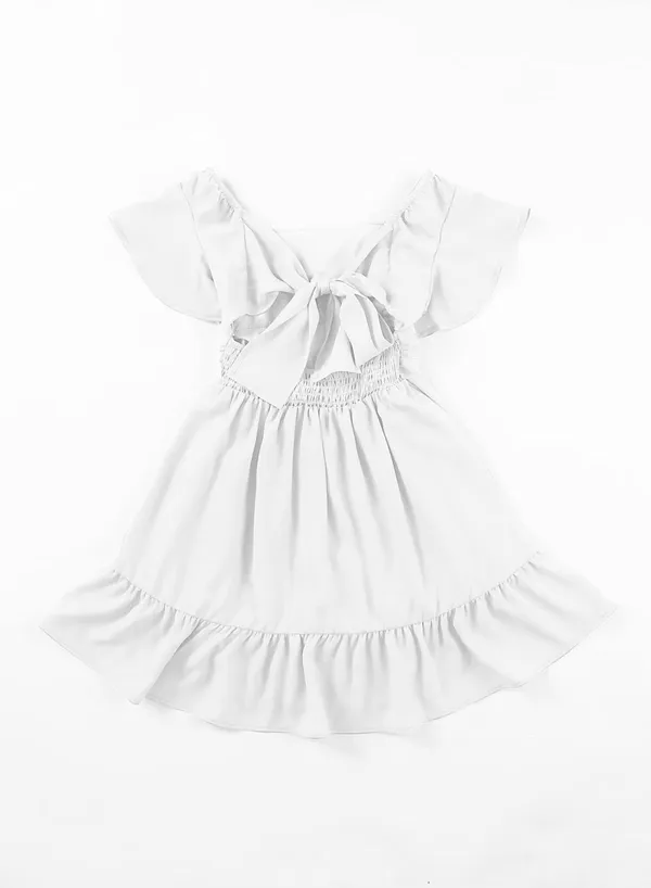 Klowvila_Fashion_Summer_Girls'_Elegant_Pleated_Hem_Short_Sleeved_Dress_Hand_Smocked_Polycrape_Casual_Solid_Color_Back_Tied_Sweet_Children