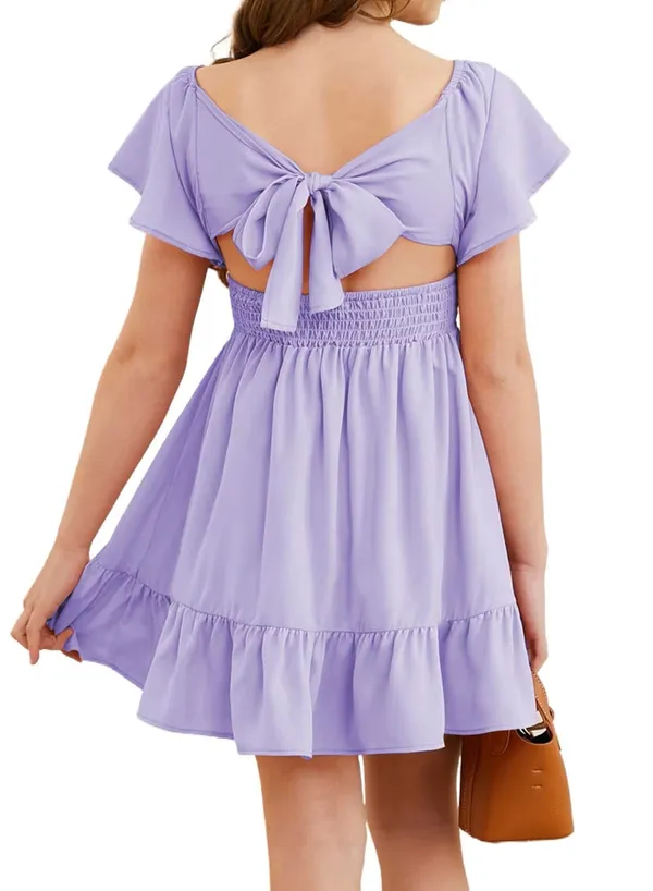 Klowvila_Fashion_Summer_Girls'_Elegant_Pleated_Hem_Short_Sleeved_Dress_Hand_Smocked_Polycrape_Casual_Solid_Color_Back_Tied_Sweet_Children