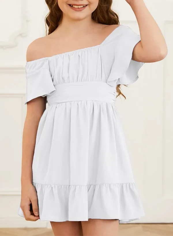 Klowvila_Fashion_Summer_Girls'_Elegant_Pleated_Hem_Short_Sleeved_Dress_Hand_Smocked_Polycrape_Casual_Solid_Color_Back_Tied_Sweet_Children