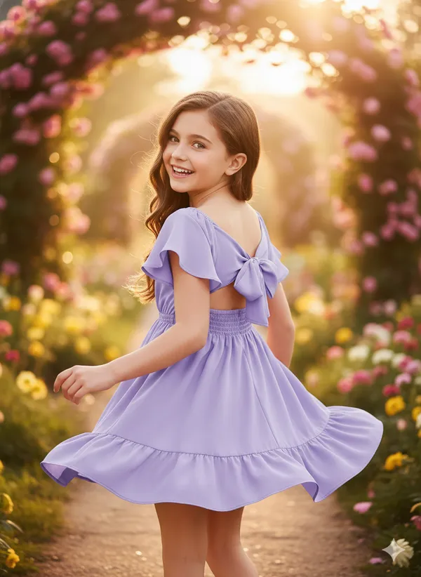 Klowvila_Fashion_Summer_Girls'_Elegant_Pleated_Hem_Short_Sleeved_Dress_Hand_Smocked_Polycrape_Casual_Solid_Color_Back_Tied_Sweet_Children