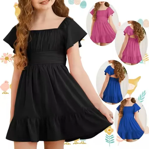 Klowvila_Fashion_Summer_Girls'_Elegant_Pleated_Hem_Short_Sleeved_Dress_Hand_Smocked_Polycrape_Casual_Solid_Color_Back_Tied_Sweet_Children