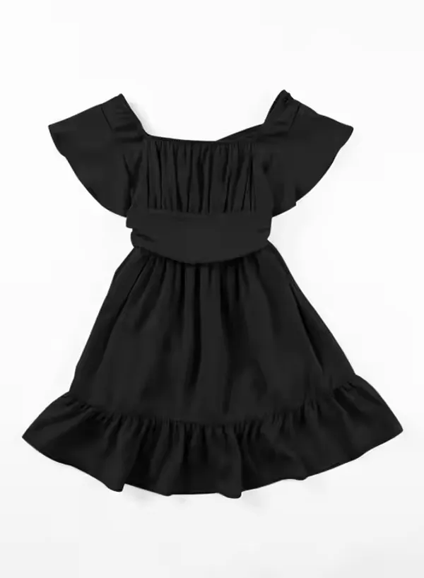 Klowvila_Fashion_Summer_Girls'_Elegant_Pleated_Hem_Short_Sleeved_Dress_Hand_Smocked_Polycrape_Casual_Solid_Color_Back_Tied_Sweet_Children