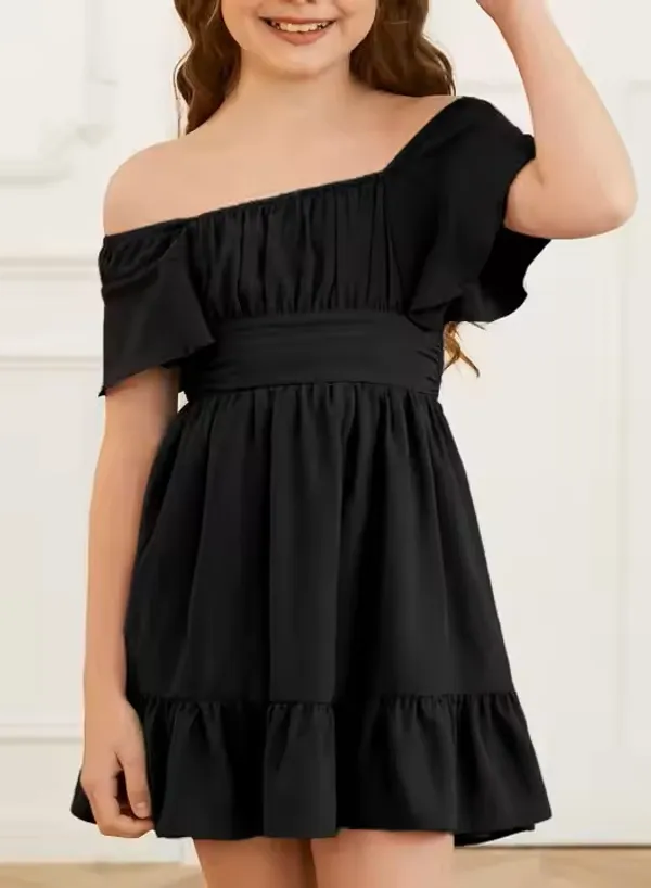 Klowvila_Fashion_Summer_Girls'_Elegant_Pleated_Hem_Short_Sleeved_Dress_Hand_Smocked_Polycrape_Casual_Solid_Color_Back_Tied_Sweet_Children