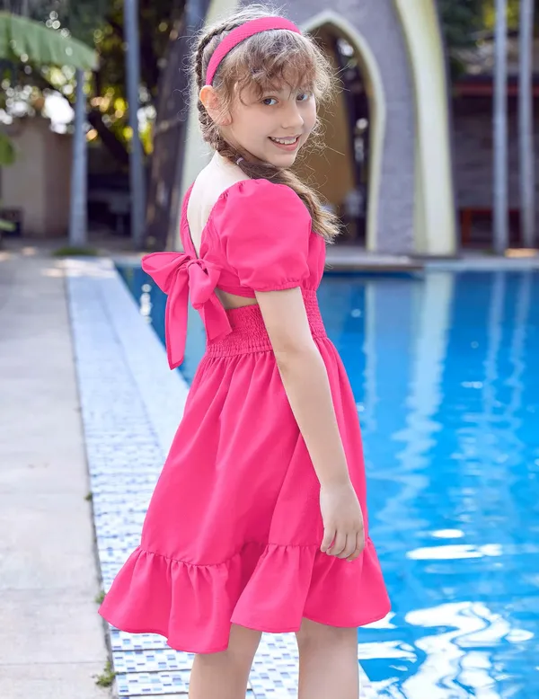 Klowvila_Fashion_Summer_Girls'_Elegant_Pleated_Hem_Short_Sleeved_Dress_Hand_Smocked_Polycrape_Casual_Solid_Color_Back_Tied_Sweet_Children