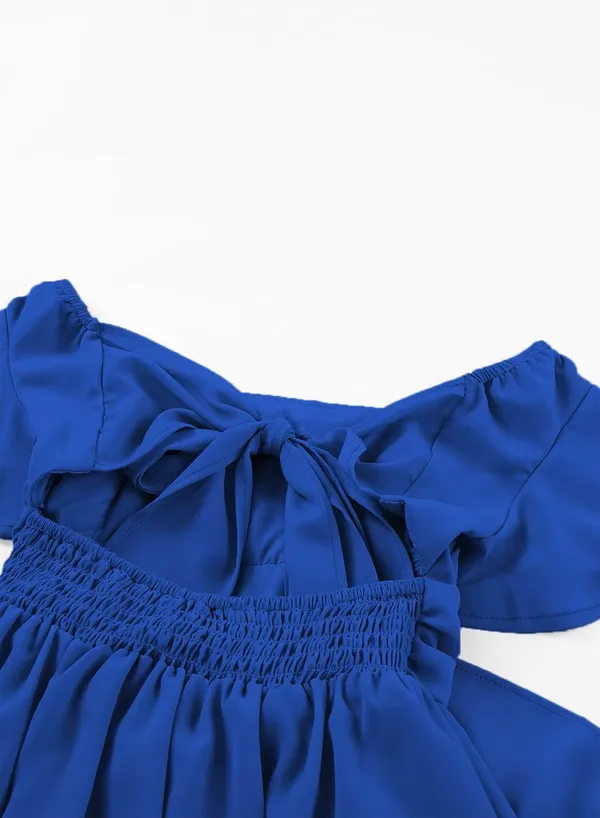 Klowvila_Fashion_Summer_Girls'_Elegant_Pleated_Hem_Short_Sleeved_Dress_Hand_Smocked_Polycrape_Casual_Solid_Color_Back_Tied_Sweet_Children
