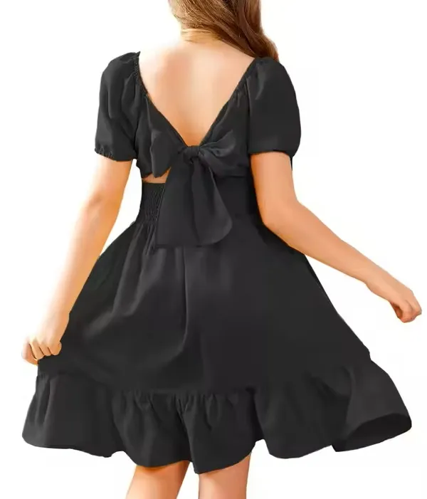 Klowvila_Fashion_Summer_Girls'_Elegant_Pleated_Hem_Short_Sleeved_Dress_Hand_Smocked_Polycrape_Casual_Solid_Color_Back_Tied_Sweet_Children