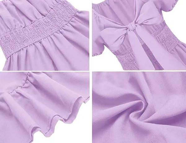 Klowvila_Fashion_Summer_Girls'_Elegant_Pleated_Hem_Short_Sleeved_Dress_Hand_Smocked_Polycrape_Casual_Solid_Color_Back_Tied_Sweet_Children