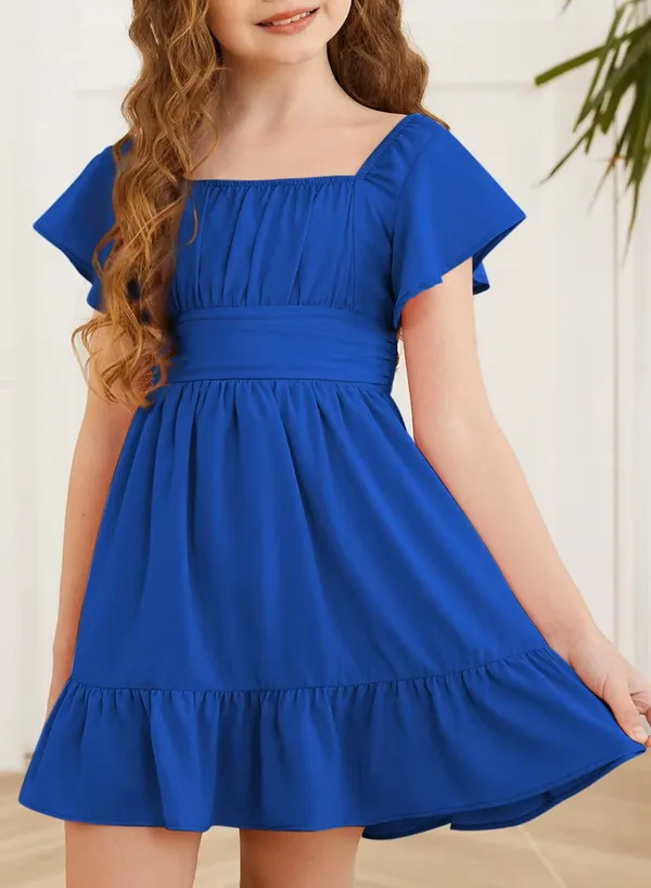 Klowvila_Fashion_Summer_Girls'_Elegant_Pleated_Hem_Short_Sleeved_Dress_Hand_Smocked_Polycrape_Casual_Solid_Color_Back_Tied_Sweet_Children