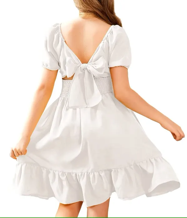 Klowvila_Fashion_Summer_Girls'_Elegant_Pleated_Hem_Short_Sleeved_Dress_Hand_Smocked_Polycrape_Casual_Solid_Color_Back_Tied_Sweet_Children