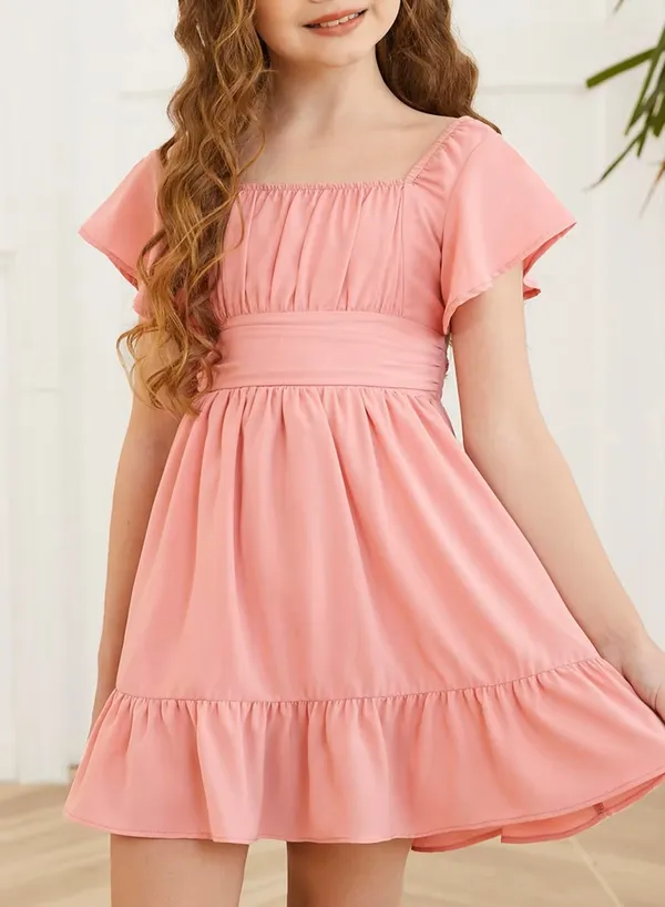 Klowvila_Fashion_Summer_Girls'_Elegant_Pleated_Hem_Short_Sleeved_Dress_Hand_Smocked_Polycrape_Casual_Solid_Color_Back_Tied_Sweet_Children
