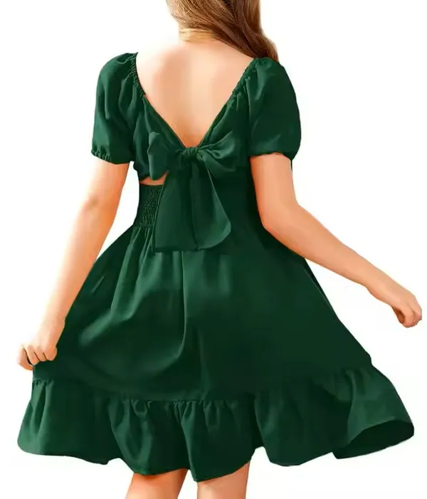 Klowvila_fashion_Summer_Girls'_Elegant_Pleated_Hem_Short_Sleeved_Dress_Hand_Smocked_Polycrape_Casual_Solid_Color_Back_Tied_Sweet_Children