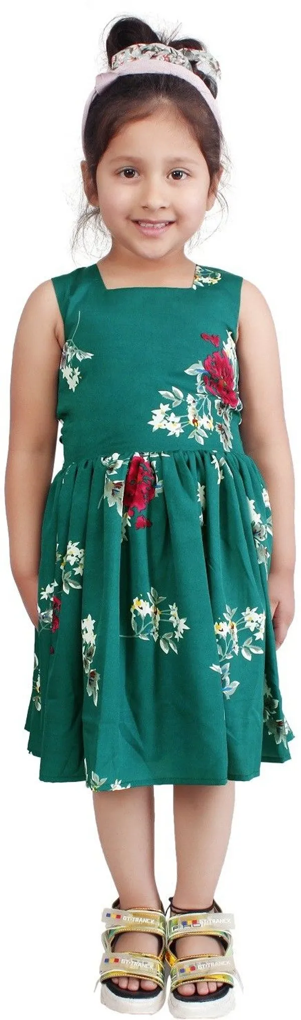 Bottle_Green_Crepe_Premium_Fit_And_Flare_Dress_For_Girls