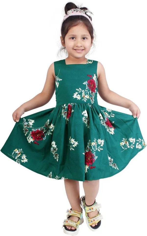Bottle_Green_Crepe_Premium_Fit_And_Flare_Dress_For_Girls