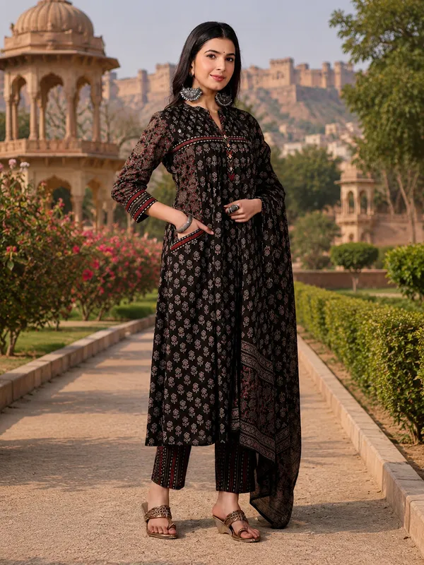 Biba_Jaipur_Ebony_Floral_Block_Print_Kurta_Set