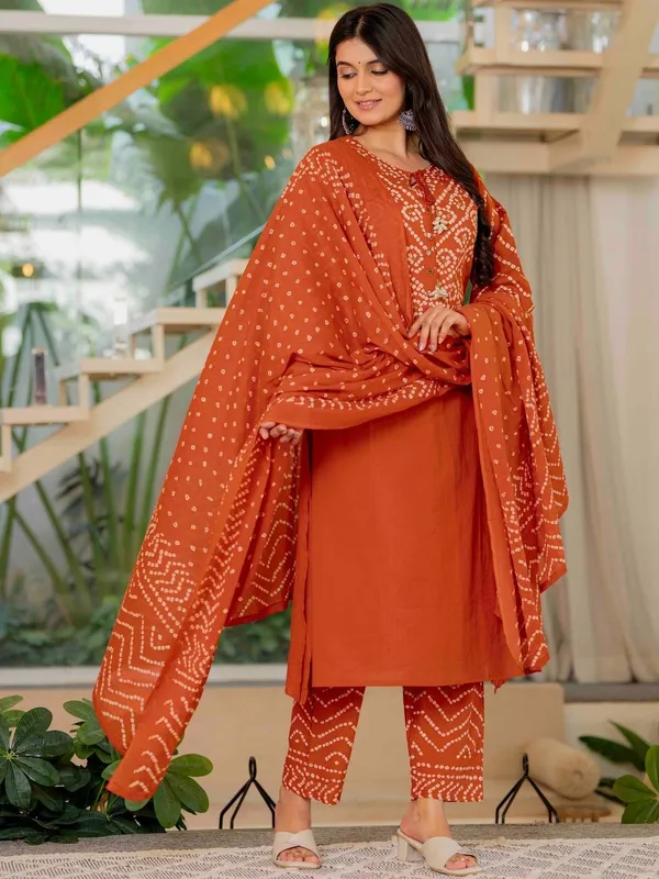 Rust-Orange-Bandhani-Printed-Kurta-Set-with-Palazzo