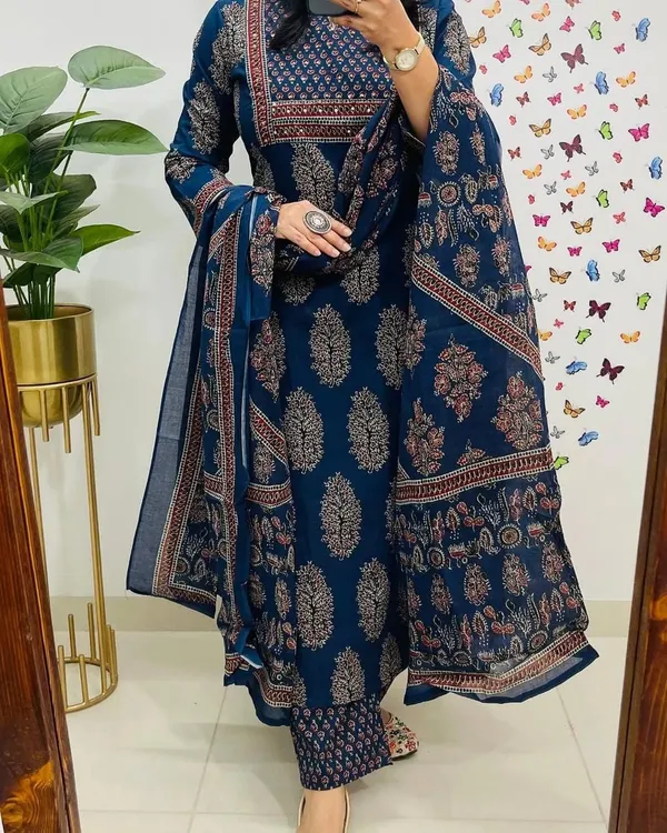 Biba_Jaipur_100%_Pure_Cotton_Kurta_Pant_Dupatta_Set_New_Printed_Blue