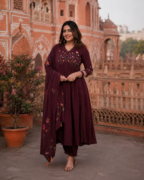 Marron_Embroidered_Cotton_Kurta_and_Pant_Set_with_Dupatta