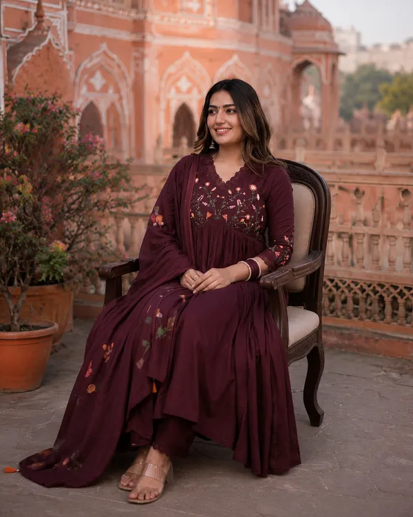 Marron_Embroidered_Cotton_Kurta_and_Pant_Set_with_Dupatta