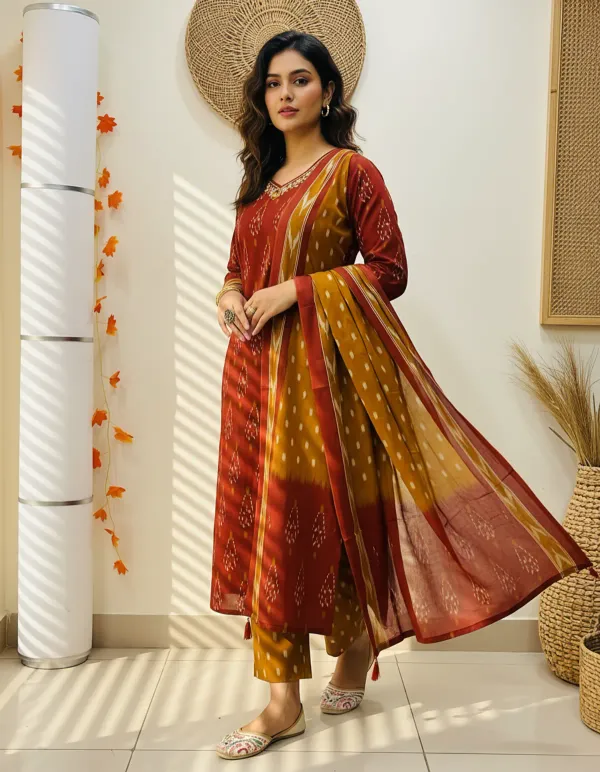 Pure-Cotton-Maroon-Ikkat-Kurti-Set
